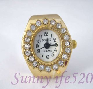 Luxury Oval Rhinestone Gold Mens Lady Finger Ring Watch