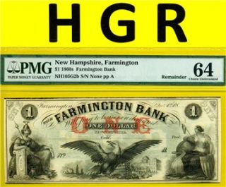 HGR New Hampshire Farmington 1860s $1 PMG Choice UNC 64