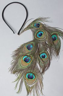 Laura Kranitz The Ava One Long Side Feather Headband in Peacock