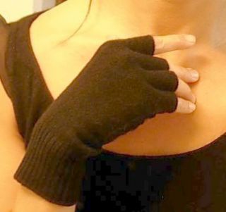 100 Cashmere Fingerless Knit Gloves Black Half Finger