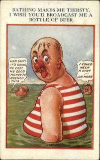 Bamforth Fat Man Swimming Thirsty for Beer Alcoholism Comic c1910