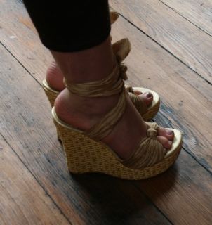  Boutique Eva Woven Wedge Heel & Beige Silk Wrap Sandal Heels 5.5 / 6 M