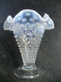  Fenton Hobnail Blue Opalescent Glass Vase. Ruffeled Fenton Glass Vase