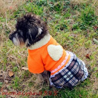 Orange Fleece Checked Puppy Dog Dress Coat Dog Clothes Apparel Pet