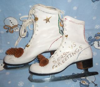  Decorations Pair of White Canadian Flyer Ice Skates Decorated