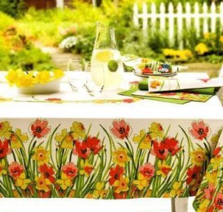 Vera Daffodils Spring Floral Tablecloth Vibrant Red Yellow Green Peach