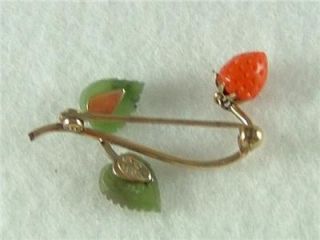 Carved Coral Strawberry Jade Leaf Pin Brooch 12K GF w E Richardson Co