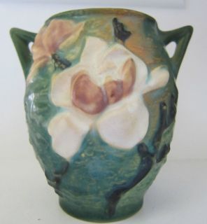 Vintage Roseville Pottery blue green Magnolia vase with handles