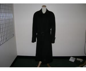 MASSIMO FARINA mens black coat with belt. coat has collar, 3 button