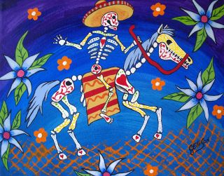 Print Folk Art Mex Day of The Dead Horse Skeleton Rider Painting Julie