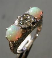 Antique Platinum Filigree Ring Diamond Opal 1920S
