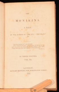  3vol The Monkins A Tale Novel by James Fennimore Cooper First Edition