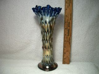 FENTON Electric Blue Rustic carnival glass Vase Crimped Top Great