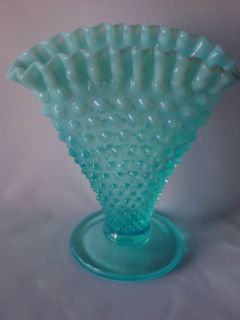 Fenton Glass Opalescent Blue Hobnail Ruffled Fan Vase