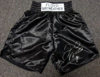 FLOYD MAYWEATHER, JR. AUTOGRAPHED SIGNED BLACK BOXING TRUNKS IN SILVER