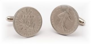 These cufflinks are made from genuine FRENCH 1/2 franc coins.