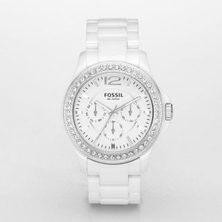 Fossil White Ceramic Bracelet Glitz Multifunction Womens Watch CE1010