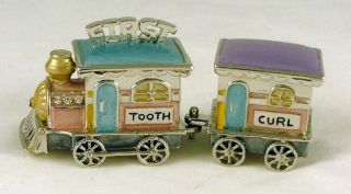 Pewter Babys First Tooth Curl Toy Train Trinket Box Set