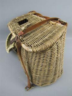 Vintage Wicker Fishing Creel Basket w Leather Strap