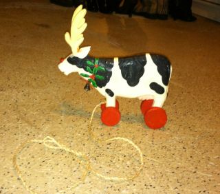 Vintage Wood Christmas Cow Pull Toy 