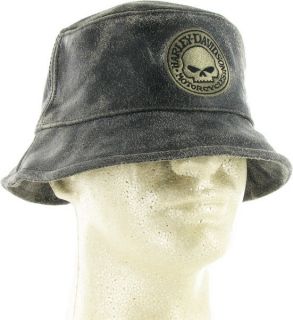 Harley Davidson Distressed Leather Bucket Hat with Harley Skull