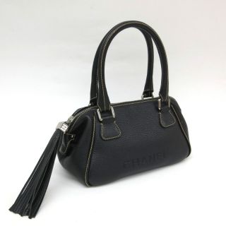 Auth Chanel Fringe Handbag Calfskin Balck BF033978