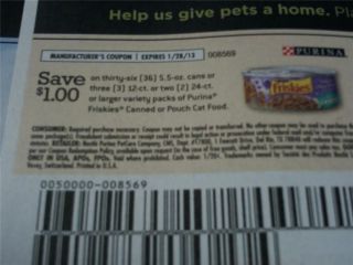15 Coupons $1/36 5.5oz cans Purina Friskies Cat Food 1/28/2013