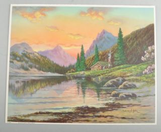 Frederick D. Ogden 1957 Mountain Twilight Vintage Print Cabin Lake
