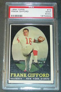 1958 TOPPS #73 FRANK GIFFORD HOF PSA MINT 9 O/C GIANTS ONLY 3 GRADED