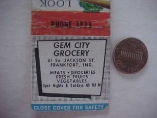 1950s Era Frankfort Indiana Gem City Grocery Store Matchbook Very