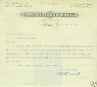  1913 Folkston Georgia Bank Letter