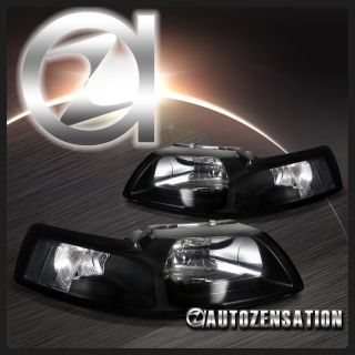 99 04 Ford Mustang Cobra Crystal Black Headlights Clear Reflector
