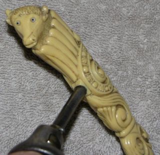 French Ivory Bull Glass Eyes Corkscrew Cork Screw Foil Cutter Knife