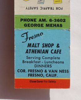 1950s Matchbook Fresno Malt Shop Athenian Cafe Fresno CA California