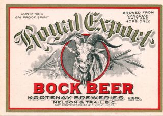 Canada British Columbia Beer Label Nelson Trail Royal Export Bock Beer