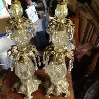 Two Antique glass and metal lamps with 40 chandelier crystals