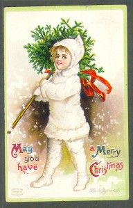 1909 signed Clapsaddle MERRY CHRISTMAS; Girl in white fur suit with