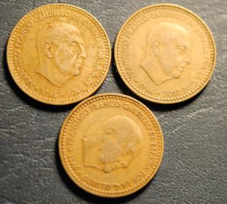 3X 1966 Spain Una 1 Peseta Coins Francisco Franco