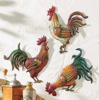 French Country Farm Rooster Wall Art Trio 3D Metal Wall Decor Country