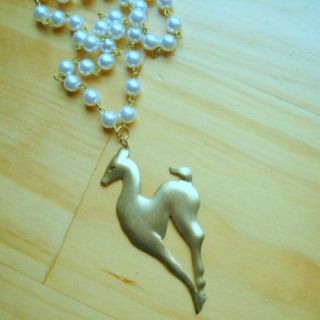 Art Deco Gazelle Stylized Deer Vintage Brass Faux Pearl Necklace