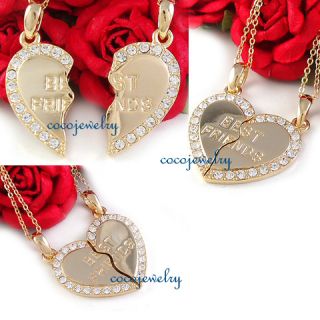  Friends BFF Heart Two Pendant Necklace Gold Tone Clear Crystals