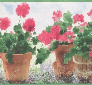 Border Watercolor Potted Geraniums on White with Green Trim