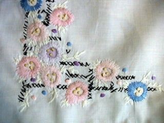 White Cotton Runner Embroidered Flowers Pink Blue C1940