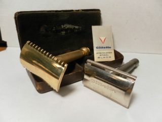 Vintage 2 GILLETTE Safety RAZOR 3 Piece Double Edge Case Gold Silver