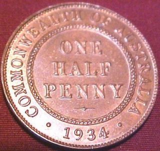 1934 Australia Half Penny Gem BU King George IV $RARE$