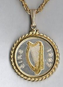 Gold Silver Coin Necklace Irish 1 2 Penny Silver Gold Harp