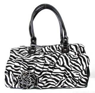 Black Zebra Ruffle Flower Fashion Handbag Purse Satchel