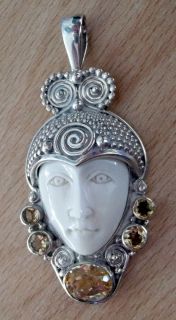  Silver Citrine Bone Face Bali Goddess Pendant 2 1 2 Hallmarked