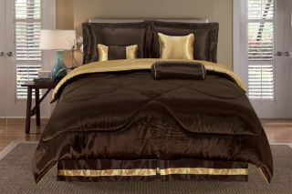 Reversible Satin Solid Coffee Gold Comforter Set Queen