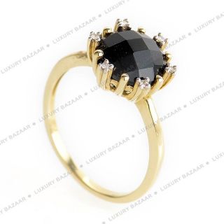14k Yellow Gold Faceted Onyx and Diamond Ring